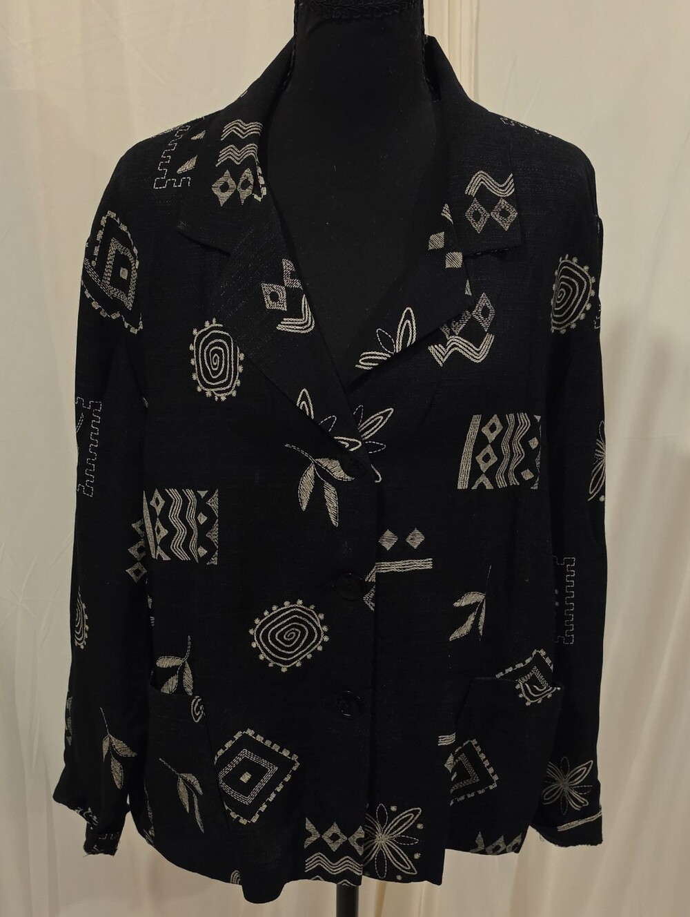 Vtg Kensington Square Blazer Womens PL Black Tribal Geometric Rayon Jacket